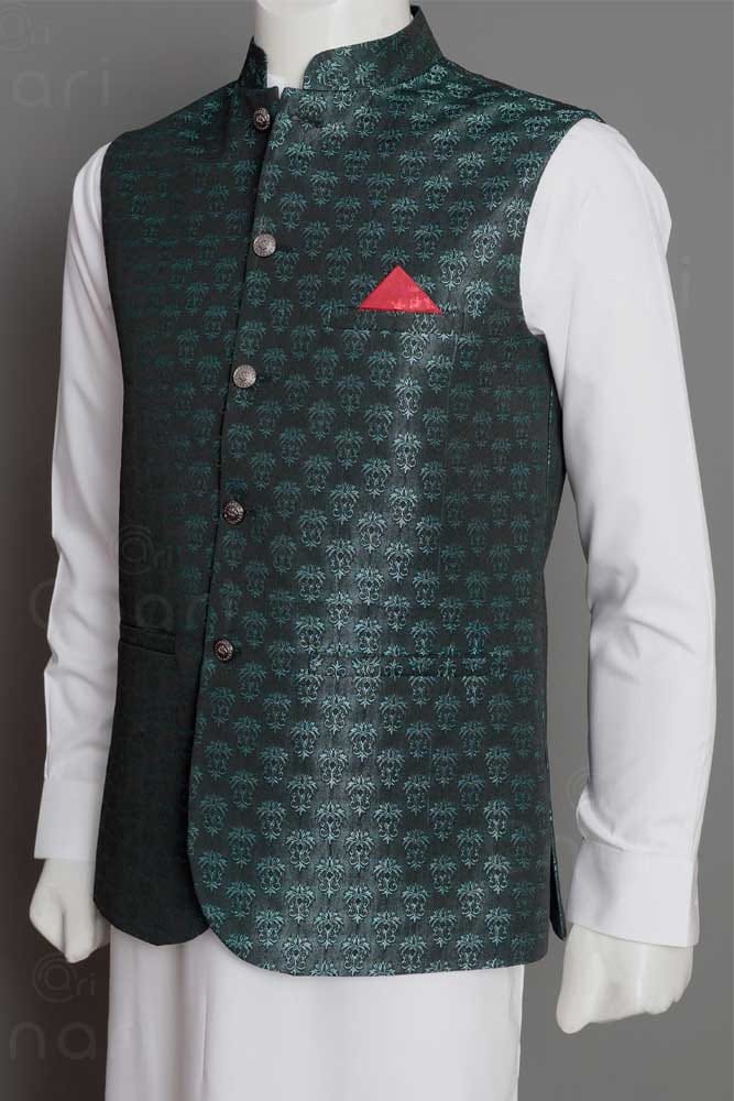 Green Jamawar Men Waistcoat