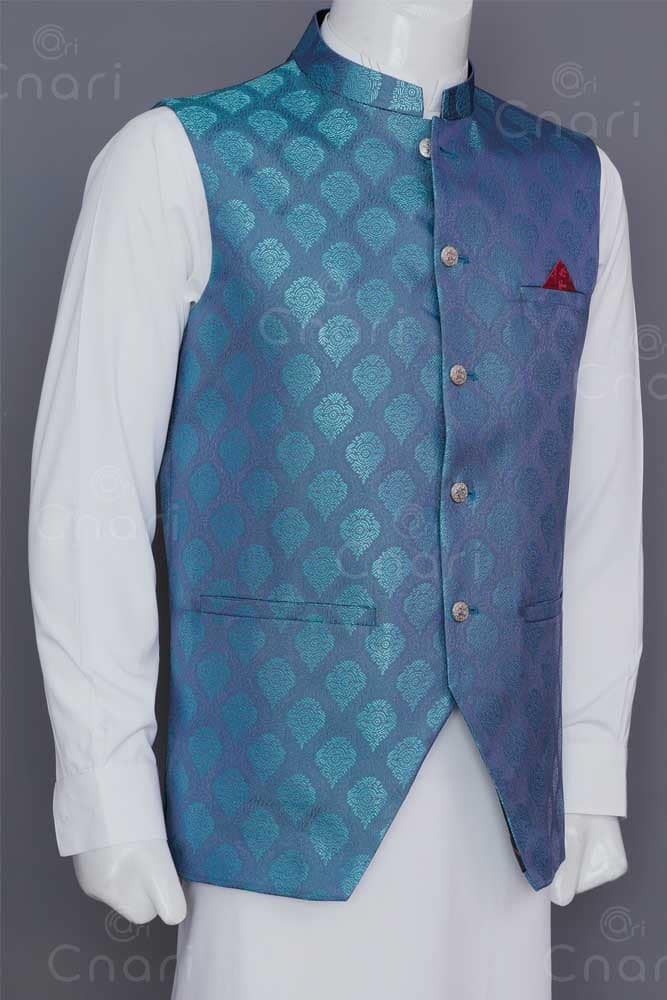 Turquoise Jamawar Men Waistcoat