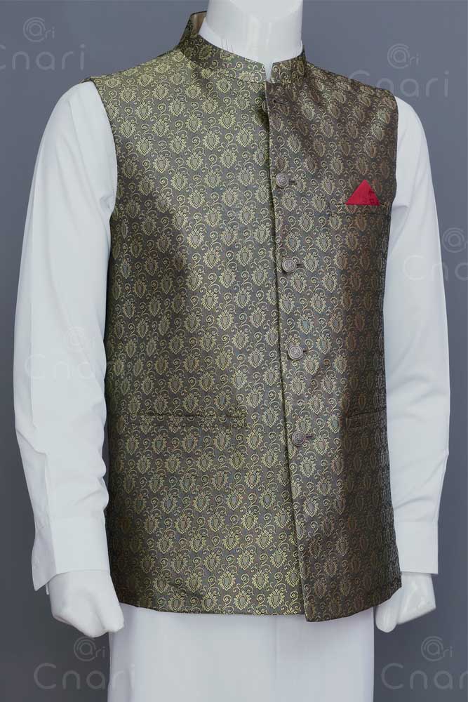 Olive Jamawar Men Waistcoat