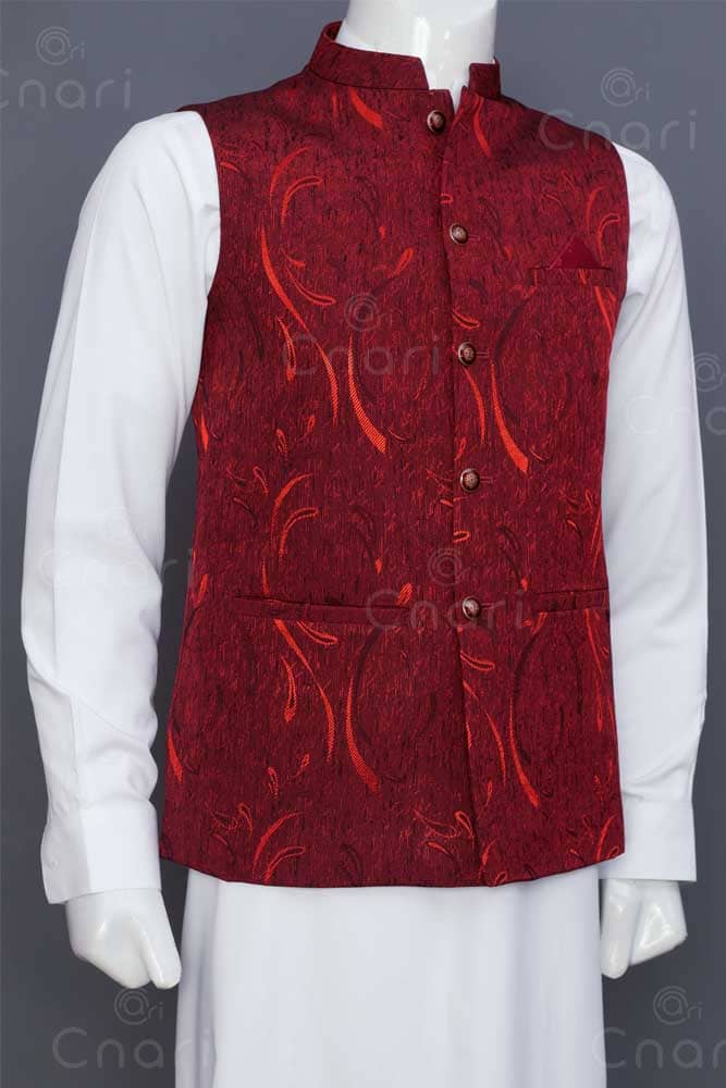 Cherry Jamawar Men Waistcoat