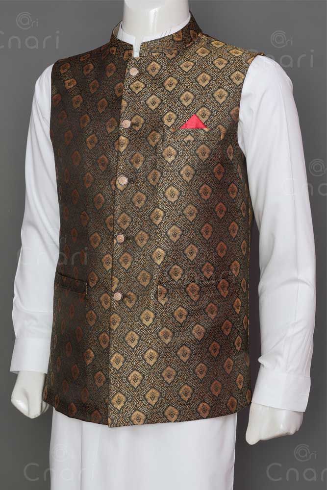 Brown Jamawar Men Waistcoat