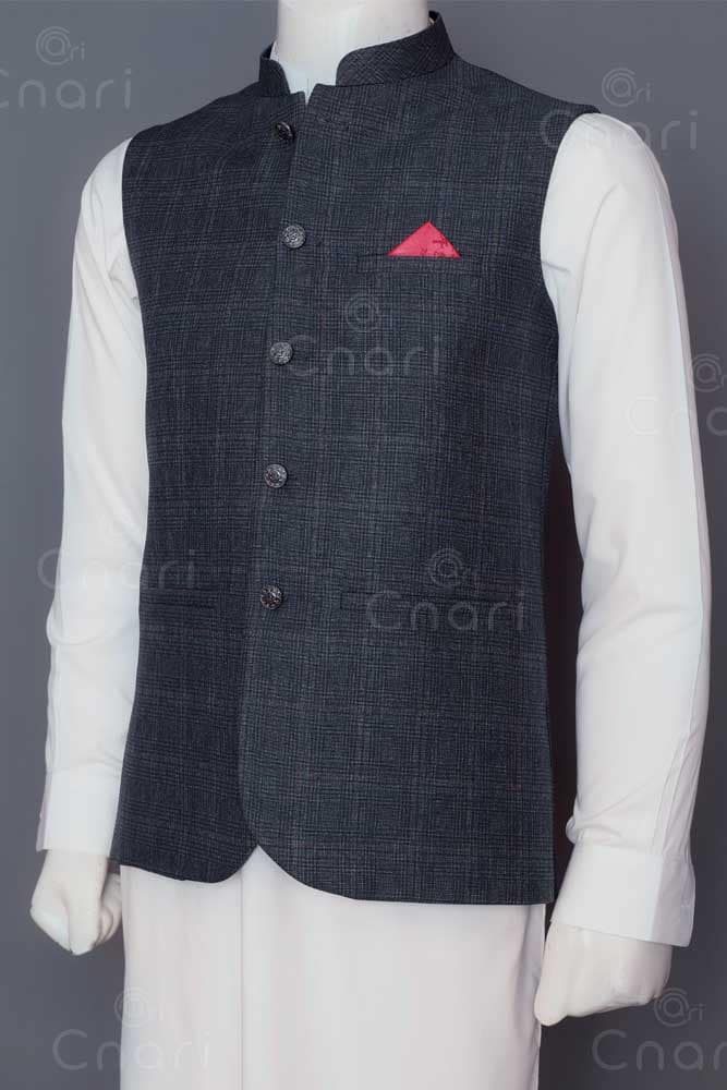 Dark Grey Glen Plaid Broad Checks Men Waistcoat