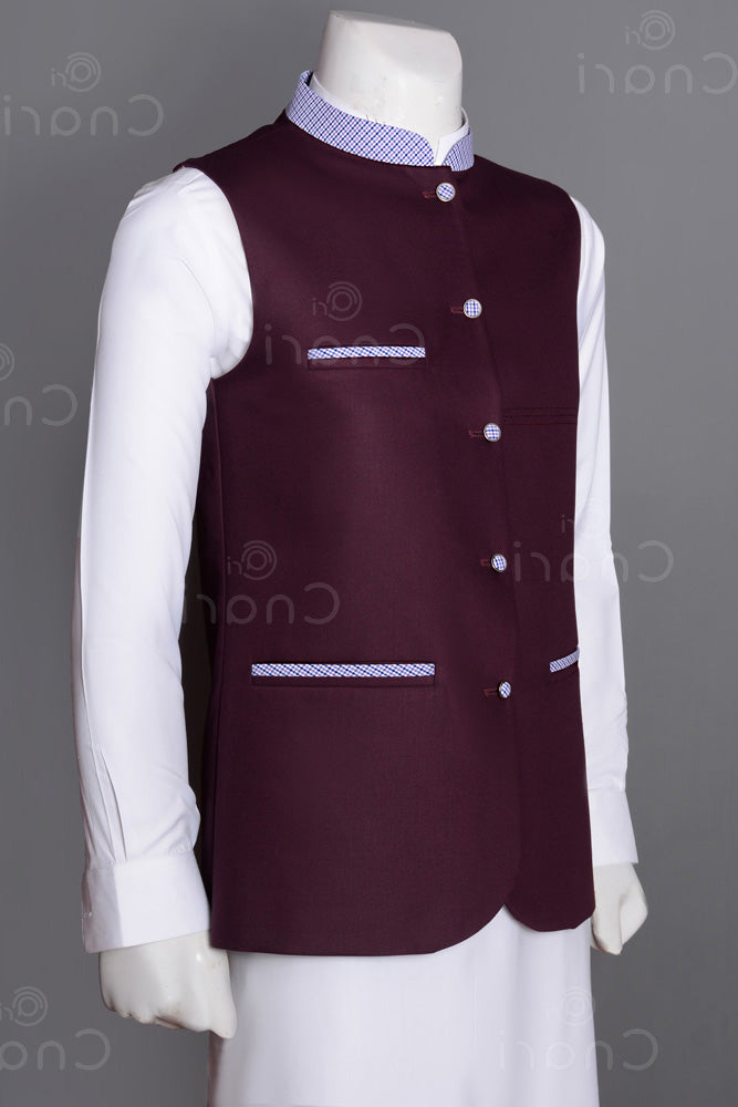 Plum Contrast Tape Men Waistcoat