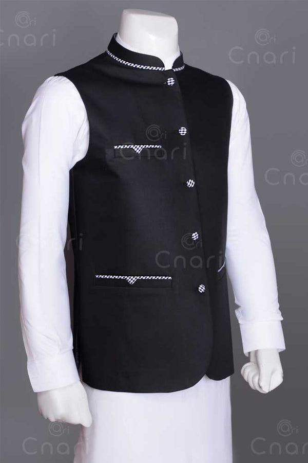 Black Jacquard Trim Fabric Men Waistcoat